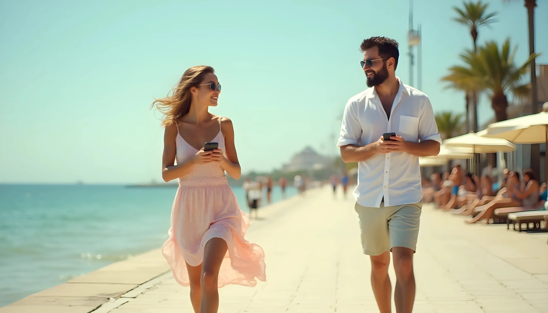 Dos personas se cruzan en un paseo junto al mar.