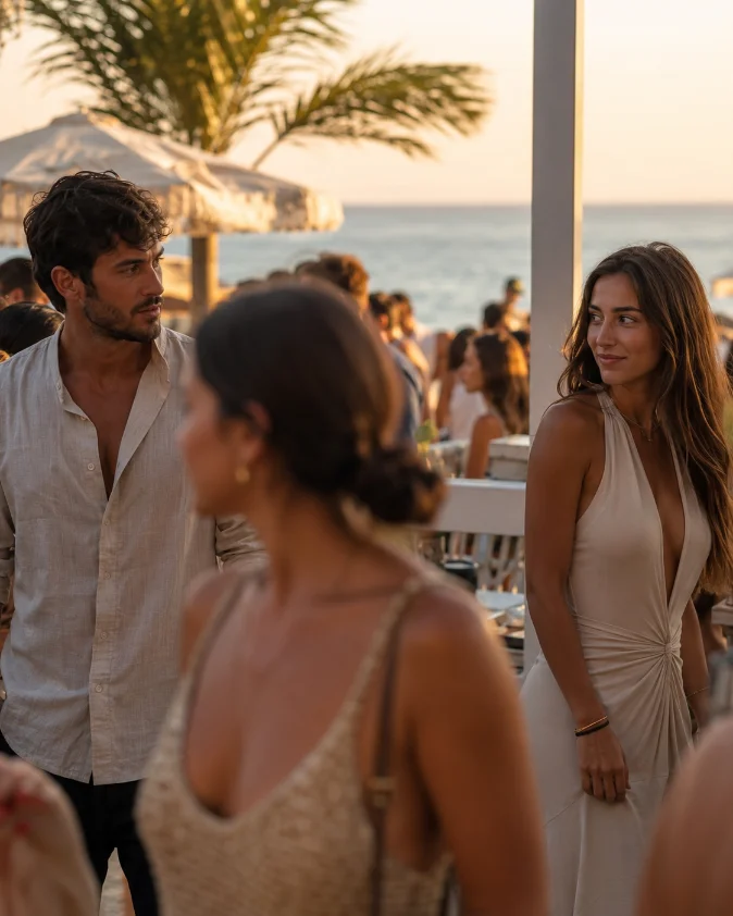 Terraza mediterránea llena de gente al final de la tarde