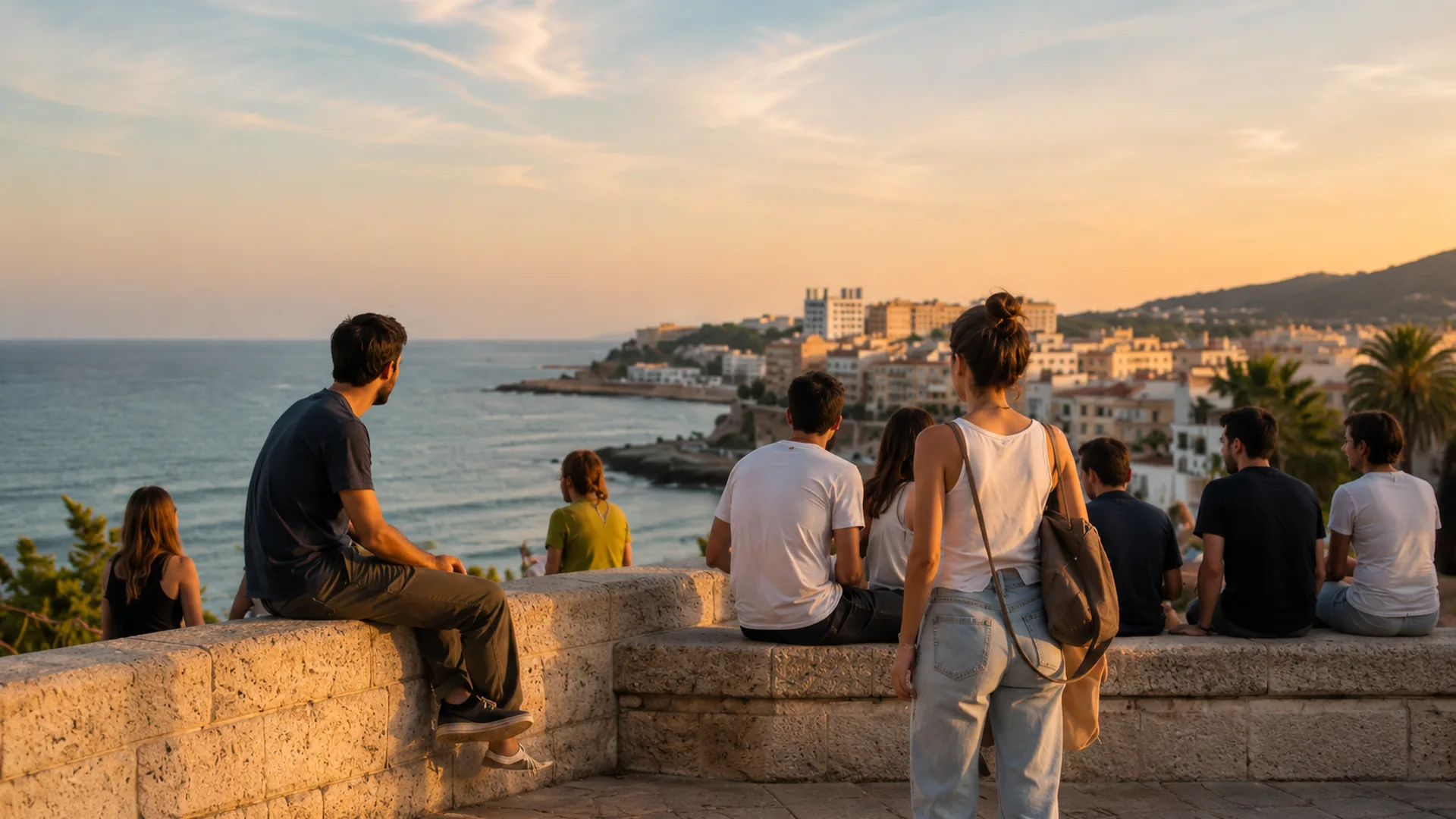 Grupo de personas disfrutando de un atardecer mediterráneo en un mirador costero